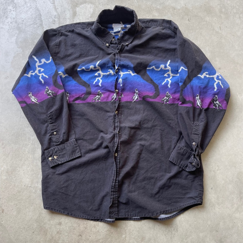 Vintage Express Rider Western Lightning Cowboy Graphic Button Down Shirt XL